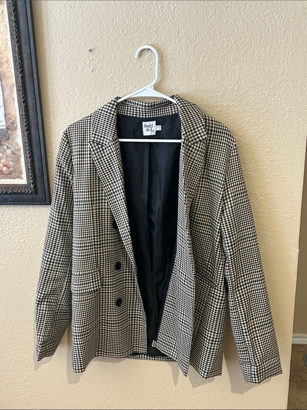 Princess Polly Plaid Blazer Jacket Black Tan Check Oversized Size 12